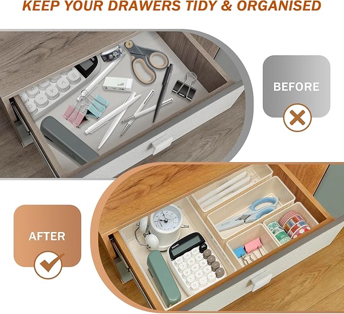 6 PCS White Drawer Organizer Set 3-Size,Versatile Desk and Vanity Drawer Organizer Trays, Storage Bins for Bedroom, Kitchen，Bathroom-NeatNest