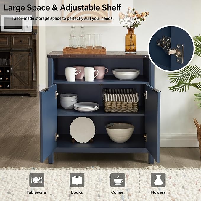32 Inch Fluted Sideboard Buffet Cabinet with Storage, Modern Farmhouse Accent Credenza with Adjustable Shelves, Coffee Wine Bar Organizer for Kitchen, Entryway, Living Room, Navy Blue
