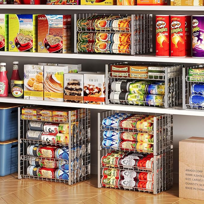 JKsmart 2-Tier Stackable Can Rack Organizer for Pantry, Adjustable Can Dispenser Holds Up to 62 Cans, Can Storage Holder for Various Ounces of Canned Food Soda Drinks, Silver, 2 Pack (Petent Pending)-NeatNest