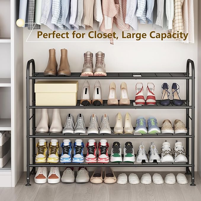 LINZINAR Shoe Rack Long 4 Tier Shoe Storage Organizer Metal Wide Shoe Shelf for Closet Entryway Bedroom 24 Paris Large Capacity, Gold Black-NeatNest