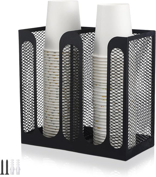 Maxcheck Metal Mesh Cup and Lid Holder Coffee Paper Cup Dispenser Lid Holder Storage Organizer Countertop or Wall Mount for Coffee Bar, Kitchen, Breakroom(2 Compartments)