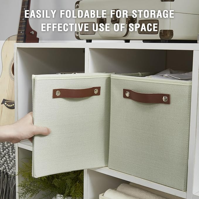 Collapsible Fabric Storage Cube Bins with 2 Reinforced PU Handles, Foldable Storage Organizer Baskets for Closet, Shelves, Living Room | 11"x11"x11", 4 Pack, Sage Green-NeatNest
