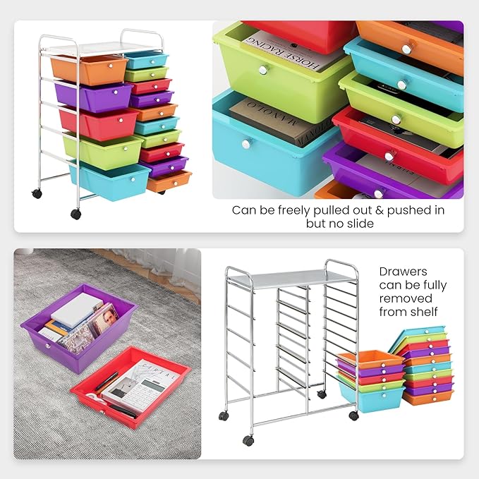 Giantex 15-Drawer Organizer Cart Office School Storage Cart Rolling Drawer Cart for Tools, Scrapbook, Paper (Multicolor)