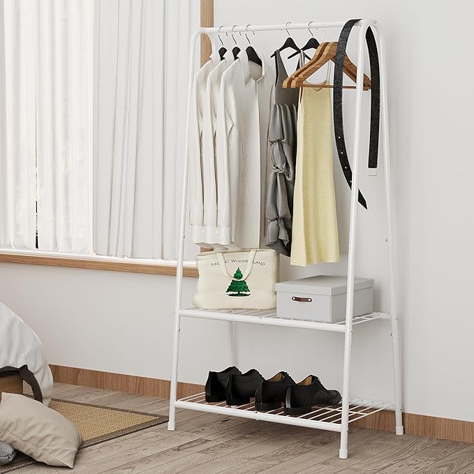 Buzowruil Metal Small Clothes Rack,Clothing Garment Rack with Double Layer Shelf for Clothes,Dress, Shoes,White-NeatNest