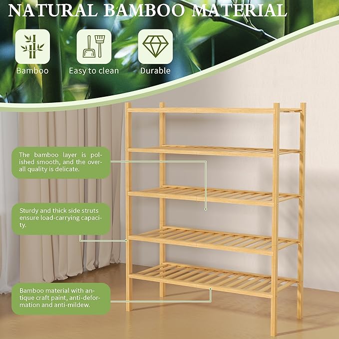 5 Tier Bamboo Shoe Rack for Closet Free Standing Wood Shoe Shelf for Entryway Small Space Stackable 27"x11"x33" (Natural)-NeatNest