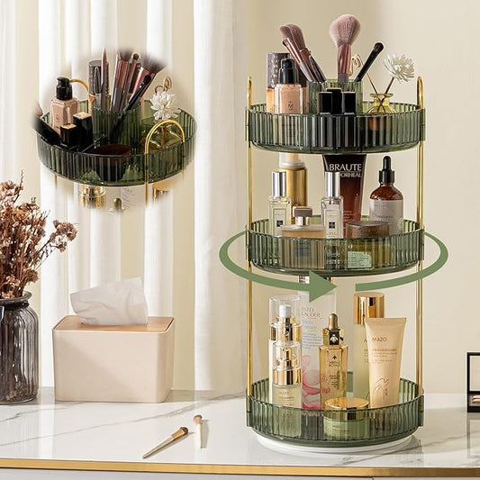 Rotating Makeup Organizer for Vanity, High-Capacity Skincare Clear Make Up Storage Perfume Organizers Cosmetic Dresser Organizer Countertop 360 Spinning (Green, New-3 Tier)-NeatNest