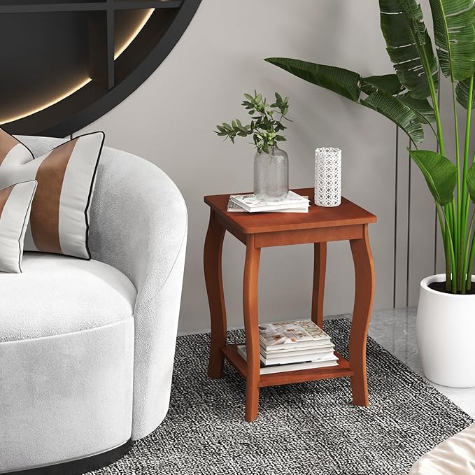 GOFLAME 2-Tier Square End Table Set of 2, Mid-Century Modern Sofa Side Table with Storage Shelf, Solid Wood Legs, Compact Accent Table, Nightstand for Living Room, Bedroom, Small Space, Walnut
