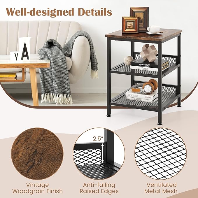 Giantex 3-Tier End Table Set of 2, Industrial Telephone Table with 2 Mesh Storage Shelves, Metal Frame, 16 Inch Square Sofa Side Table Nightstand for Living Room, Bedroom, Small Space, Rustic Brown