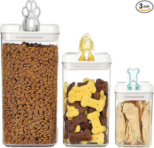 Felli Flip Tite Pet Food Container with Airtight Lids, BPA FREE Acrylic Canister with Paw Bone Fish Flip Top Handles for Cat Dog Kibble Treats Storage, Keep Fresh (Pet Collection Nest-L3pk)-NeatNest
