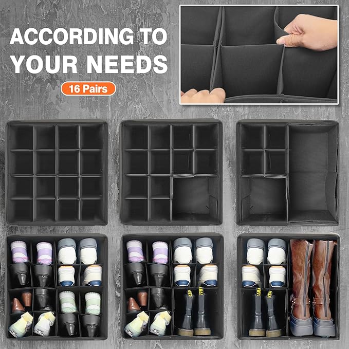 16 Pairs Shoe Organizer Storage for Closet, Foldable Shoe Dividers for Storage Bins with w/Adjustable Dividers Clear Shoe Box Containers, Black-NeatNest