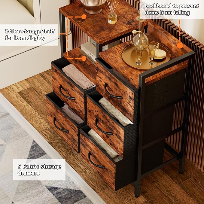 Furnulem 5 Drawer Rustic Brown Dressers for Bedroom 2 Tier Shelf Storage Small Fabric Dresser for Closet Sturdy Metal Frame Modern Style Storage Cabinets Organization Units for Hallway Rooms-NeatNest