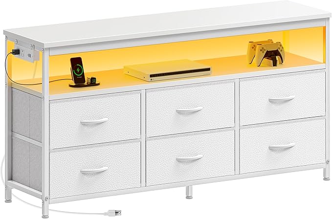 Huuger LED TV Stand for Bedroom, 47 Inch Dresser TV Stand for 43, 50, 55 Inch TV, White TV Stand with Storage, Entertainment Center with Power Outlets, 6 Drawer Fabric Dresser for Living Room-NeatNest