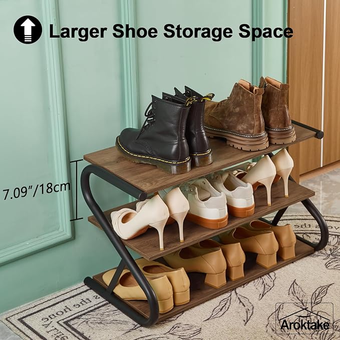 Shoe Rack, Z-Frame Wooden 3-Tier Shelf with Durable Metal Shelves, Shoe Organizer for High Heels, Hallway, Living Room, Closet, Bedroom (Light Rustic)-NeatNest
