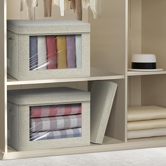 3-Pack Fabric Storage Bins with Lids, Foldable Storage Boxes with Handles & Clear Window, Closet Organizers for Clothes, Books (Beige, 3PCS/14.9 x 9.8 x 9.8 in)-NeatNest