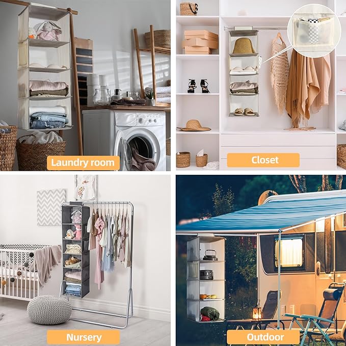 2 Packs Hanging Closet Organizer Storage, 6-Shelf Hanging Shelves for Closet, Closet Clothes Organizer and Storage with Side Pockets, Beige-NeatNest