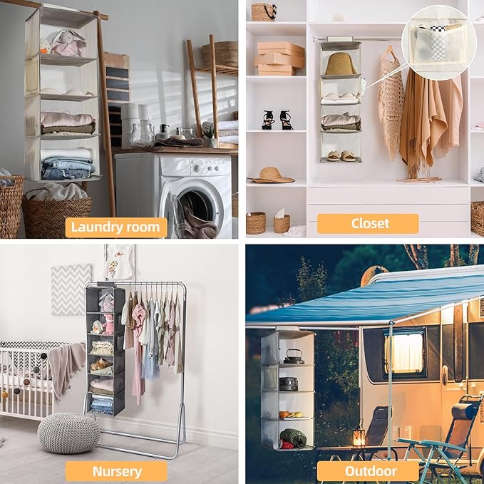 2 Packs Hanging Closet Organizer Storage, 3-Shelf Hanging Shelves for Closet, Closet Clothes Organizer and Storage with Side Pocket, Beige-NeatNest