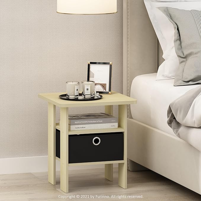 Furinno Andrey End Table / Side Table / Night Stand / Bedside Table with Bin Drawer, Steam Beech/Black