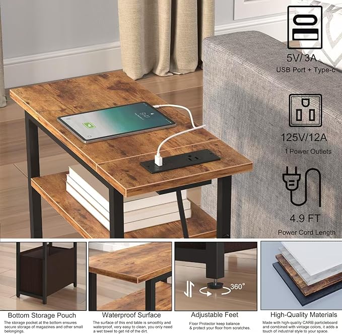 Narrow Side Table with Charging Station, Small End Table for Small Spaces, Skinny Nightstands with Storage Basket, 3 Tier Sofa Couch Bedside Tables for Living Room,Bedroom, Rustic Brown