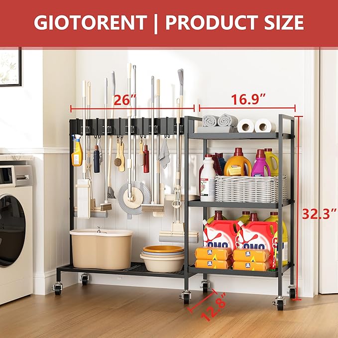 GIOTORENT Heavy Duty Metal Cleaning Cart with Wheels - 300lb Capacity Rolling Broom Holder & Supplies Organizer, 10 Adjustable Clips, 5 Double-Hooks, 3-Tier Shelves, Brakes for Home, Commercial, Black