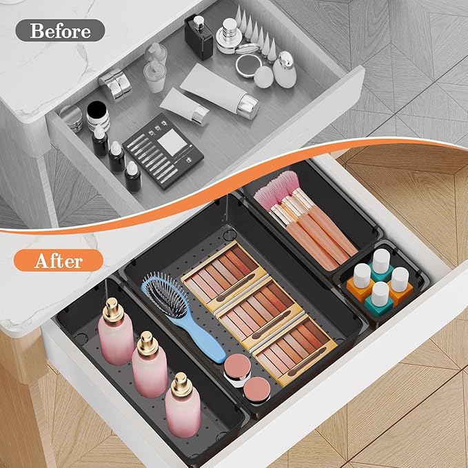 25 PCS Plastic Drawer Organizer Set, 4-Size Versatile Organizer Trays & storage Bins for Makeup, Jewelry, and Gadgets in Bathroom, Bedroom and Office,Clear Black-NeatNest