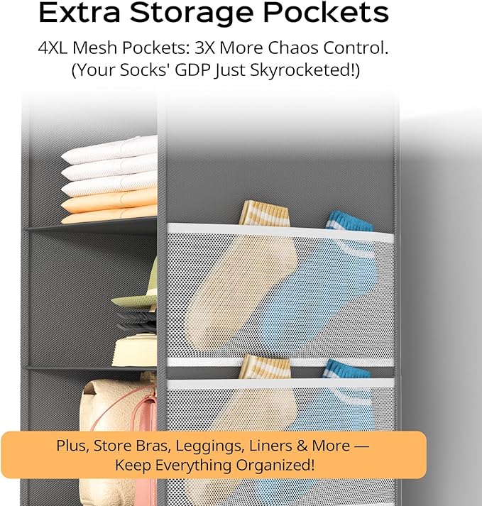 Extra Deep Hanging Closet Organizer with 6 Shelves and Oversized Mesh Pockets, Heavy-Duty Structure, No Deformation, Max Storage for Clothes, Shoes, Hats, Dorms and RVs, Grey,1-Pack-NeatNest