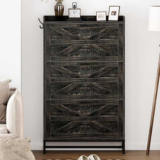 Vibe & Dine Farmhouse Shoe Storage Cabinet - Freestanding Narrow Shoe Rack with Metal Legs, Dark Rustic Oak-NeatNest