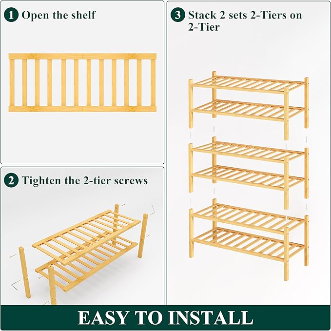 Smiry Shoe Rack, 6 Tier Thick Bamboo Shoe Organizer, Stackable Free Standing Wooden Shoe Storage Shelf for Closet, Entryway, Front Door Entrance, Natural-NeatNest