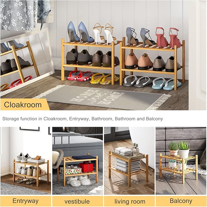 Small Shoe Rack, 2-Tier Bamboo Stackable Shoe Shelf Storage Organizer, Shoe Stand for Closet, Entryway and Hallway-NeatNest