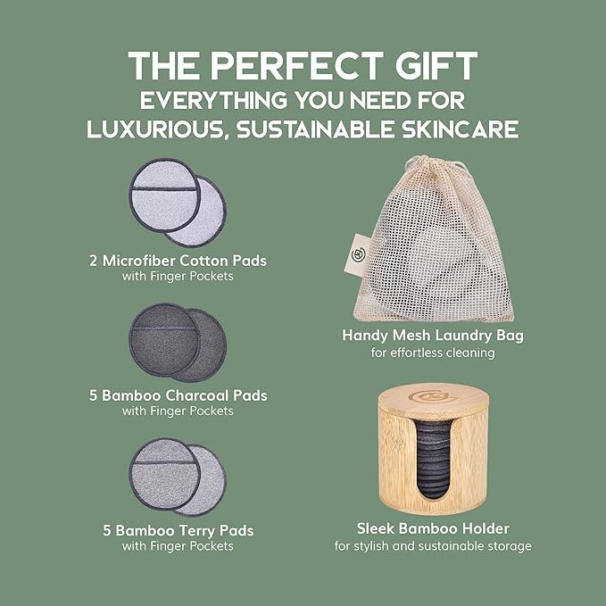 Greenzla Reusable Makeup Remover Pads Premium Set, 12 Pack Microfiber Cotton Pads, Charcoal Cotton Rounds, Bamboo Terry Face Wipes for All Skin Types with Mesh Laundry Bag and Bamboo Storage-NeatNest