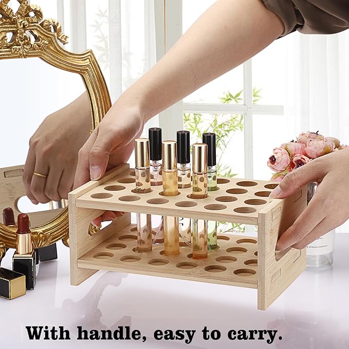 ELLDOO Rollerball Perfume Organizer, 24 Spaces Bamboo Perfume Storage Holder Beauty Scent Holder with Handle, Makeup Lipgloss Lipstick Display Case-NeatNest