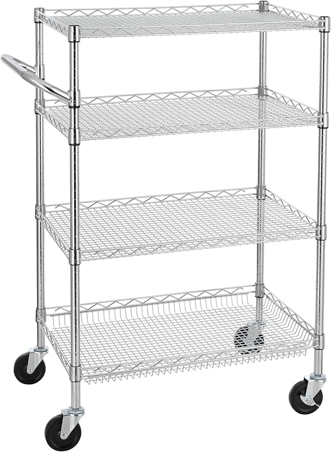 Finnhomy 4 Tier Heavy Duty Commercial Grade Rolling Cart with Handle Bar, Metal Wire Utility Cart with Wheels, Service Trolley on Wheels, Shelf Size 18" D x 30" W, NSF Listed, Chrome