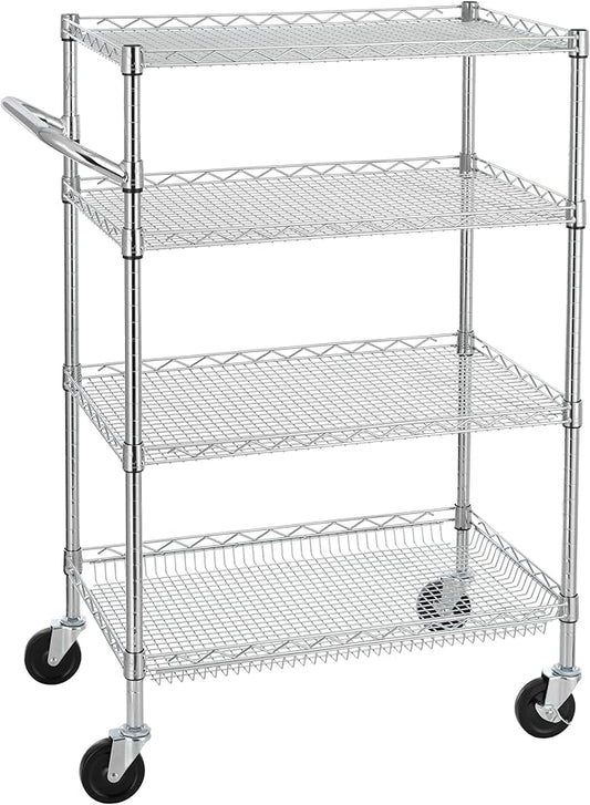 Finnhomy 4 Tier Heavy Duty Commercial Grade Rolling Cart with Handle Bar, Metal Wire Utility Cart with Wheels, Service Trolley on Wheels, Shelf Size 18" D x 30" W, NSF Listed, Chrome