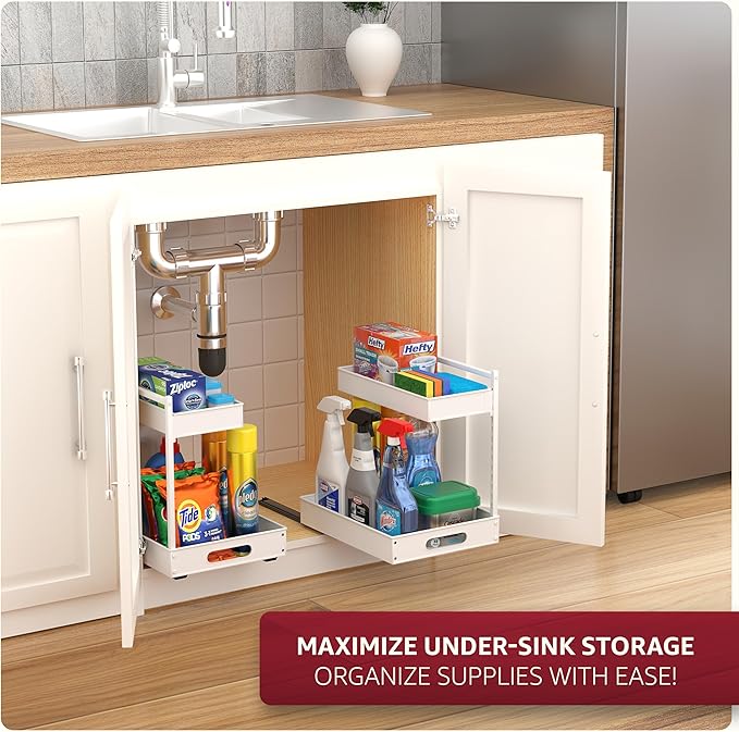 Sorbus Under Sink Organizer with Sliding Tracks – Pull Out Cabinet Organizer with Drawer & Installation Rails – Under Cabinet Bathroom Storage Organizer for Kitchen, Pantry, or Vanity –White 1 Pack-NeatNest