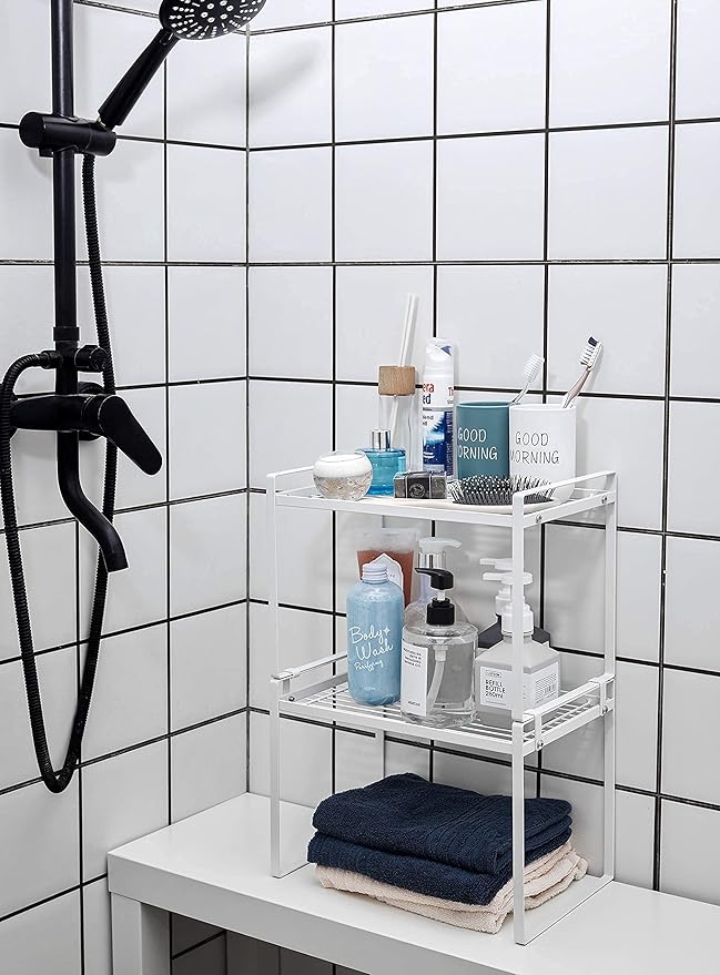 2pk Kitchen Cabinet Shelf Counter Organizer Rack Pantry Storage Bathroom Bedroom Office Table Desk Space Saving Steel Frame Stackable Rust Resistant Non Slip White-Tall- L13in W8.3in H9.5in-NeatNest