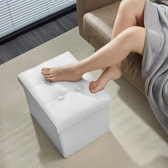AmasSmile Storage Ottoman Folding Foot Rest Stool, Leather Footstool Bench, Short Ottoman Stool, Storage Foot Rest Store, Books (White, 17" D x 13" W x 13" H)-NeatNest
