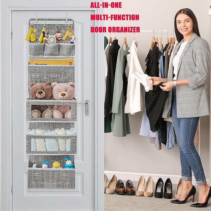 VICTORICH All-IN-ONE Over the Door Organizer, Super Behind the Door Storage Organizer with Door Rack and Large Clear Windows, Wall File Organizer, Hanging Organizer (New Grid Gray)