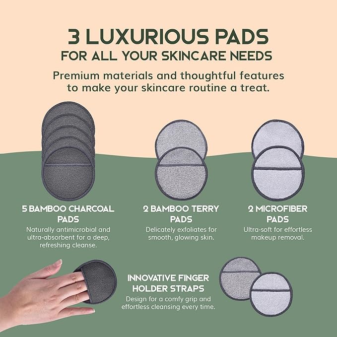 Greenzla Reusable Makeup Remover Pads Premium Set, 12 Pack Microfiber Cotton Pads, Charcoal Cotton Rounds, Bamboo Terry Face Wipes for All Skin Types with Mesh Laundry Bag and Bamboo Storage-NeatNest
