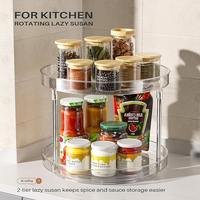2 Pack 10.6-Inch 2 Tier Lazy Susan Organizer, 360 Degree Rotating Clear Turntable for Cabinet, Makeup and Perfume Organizer for Vanity, Kitchen, and Bathroom Counter Tray-NeatNest