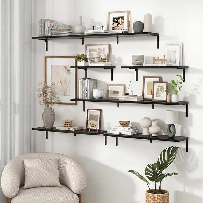 Fun Memories Deep Floating Shelves, 32W x 8D Floating Shelves Set of 2, Wall Mounted Shelf with Metal Brackets, Rustic Wood Wall Shelf for Bathroom, Kitchen and Living Room, Black-NeatNest