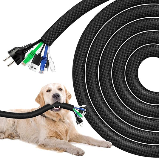 AGPTEK Cable Sleeve Cover, 10ft - 1.2 inch Dog Cat Cord Protector Management, Protect Cables from Pets Chewing, for Home Desk Automotive Wire Loom Tubing Cord Protection Self-Wrapping, Black