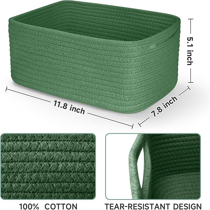 3-Pack Shelf Baskets for Organizing, Closet Organizer Bins, Small Woven Baskets, Rope Toy Basket, Storage Basket for Shelves, Cube Decorative Box, 11.5×7.5×4.7”, Green-NeatNest