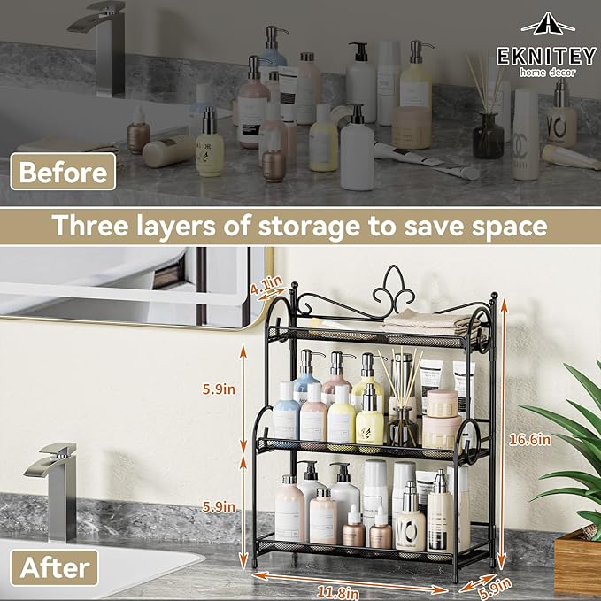 EKNITEY Bathroom Counter Organizer - 3 Tier Spice Rack Organizer Skincare Countertop Organizers for Bathroom Kitchen Bedroom Black (No Assembly)