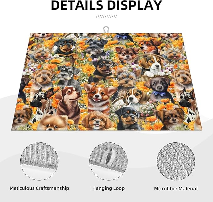 Cute Puppy Dog Dish Drying Mat 18 x 24 Inch for Kitchen Counter Cute Kitchen Mat Microfiber Kitchen Countertop Absorbent Reversible Drainer Rack Pad Dish Drying Mat-NeatNest