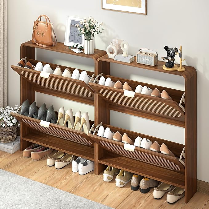 Narrow Shoe Storage Cabinet for Entryway with 2 Flip Drawers, Curved Edge Shoe Cabinet with Arched Stripe Panel, Freestanding Wood Shoe Organizer Closed Shoe Rack for Hallway, Foyer(Walnut)-NeatNest