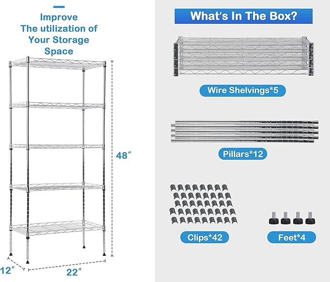 5-Tier Metal Wire Shelving Unit Snack Shelf Height Adjustable Storage Rack NSF Certified Storage Shelves 750 Lbs Capacity Standing Utility Shelf for Laundry Kitchen Pantry Garage Organization
