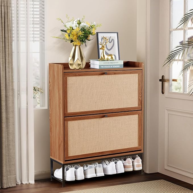 LEVNARY Shoe Storage Cabinet with 2 Flip Drawers, Wooden Narrow Shoe Cabinet Storage for Entryway, Freestanding Shoe Rack Organizer Cabinet with Metal Legs for Hallway (1, Walnut)-NeatNest