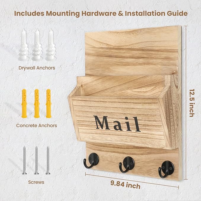 Mail and Key Holder - Decorative 9.8" x 12.5" Wall Key Hanger with 2 Mail Organizer Slots and 3 Hooks - Real Paulownia Wood with Keyhole Brackets, Hardware and Instructions (Wood)