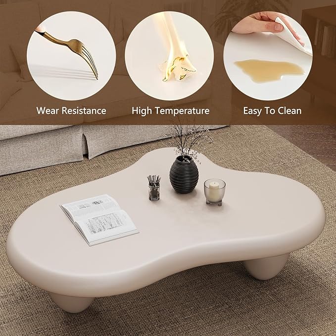 Cream White Cloud Shaped Coffee Table Modern Cloud Coffee Table for Living Room Irregular Cute Center Table with Thicken Round Edge And 3 Legs Low Coffee Table for Bedroom,Cloud c white 47.2"-NeatNest