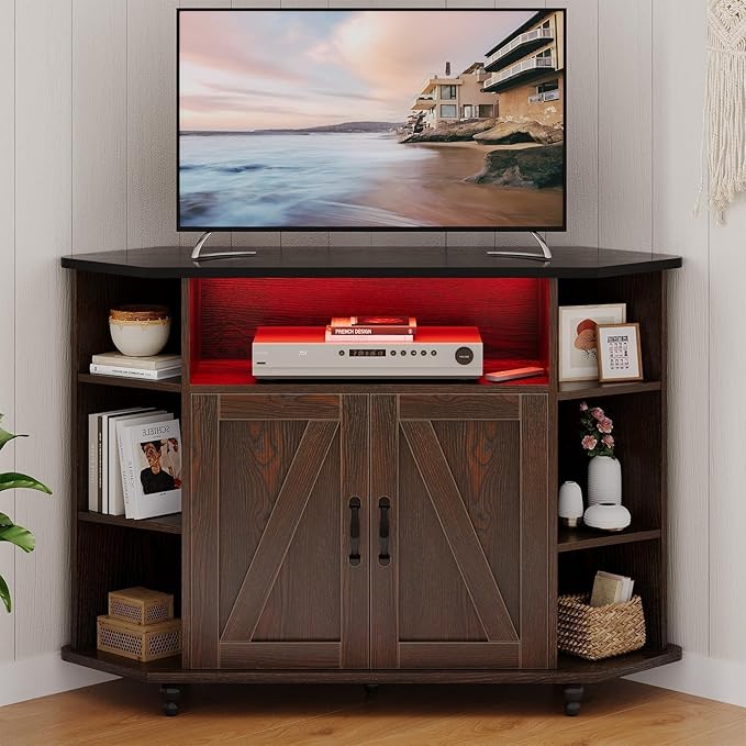 4 EVER WINNER Corner TV Stand, Farmhouse Corner TV Cabinet with LED Lights for 50 Inch, Adjustable Shelves, Corner TV Stand with Storage, Barn Doors for Living Room, Brown and Black-NeatNest