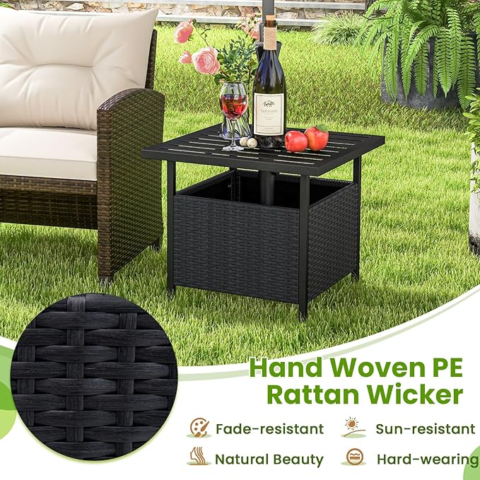 Patio Side Table with Umbrella Hole, 22" Rattan Wicker Umbrella Stand Table, Outdoor End Table for Patio, Garden, Poolside & Yard (Black)